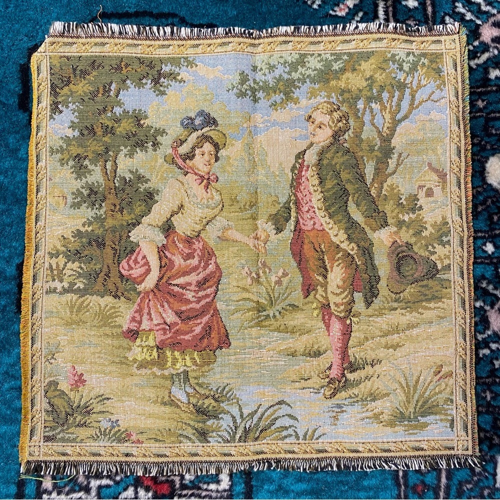 VINTAGE  MADE IN FRANCE COURTING LOVE SCENE TAPESTRIES 13”x13” Wall Art